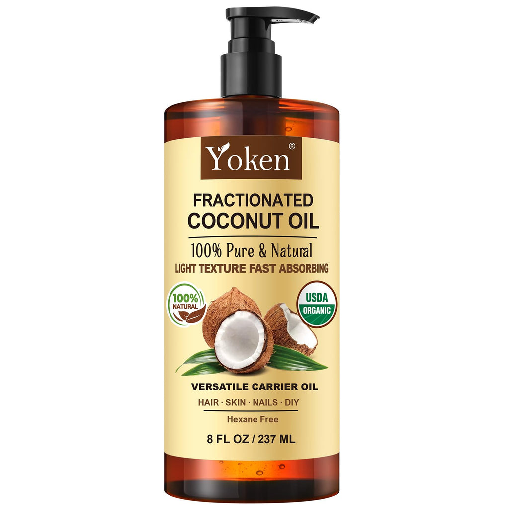 Yoken USDA Organic Fractionated Coconut Oil – 8 oz, Pure Liquid for Face & Body, Unscented, Hexane Free