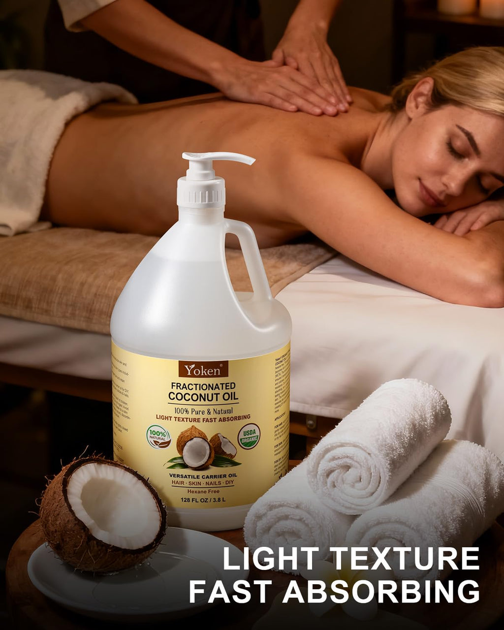 Yoken USDA Organic Fractionated Coconut Oil, 1 Gallon – Unscented, Hexane Free, for Massage & Bulk Use