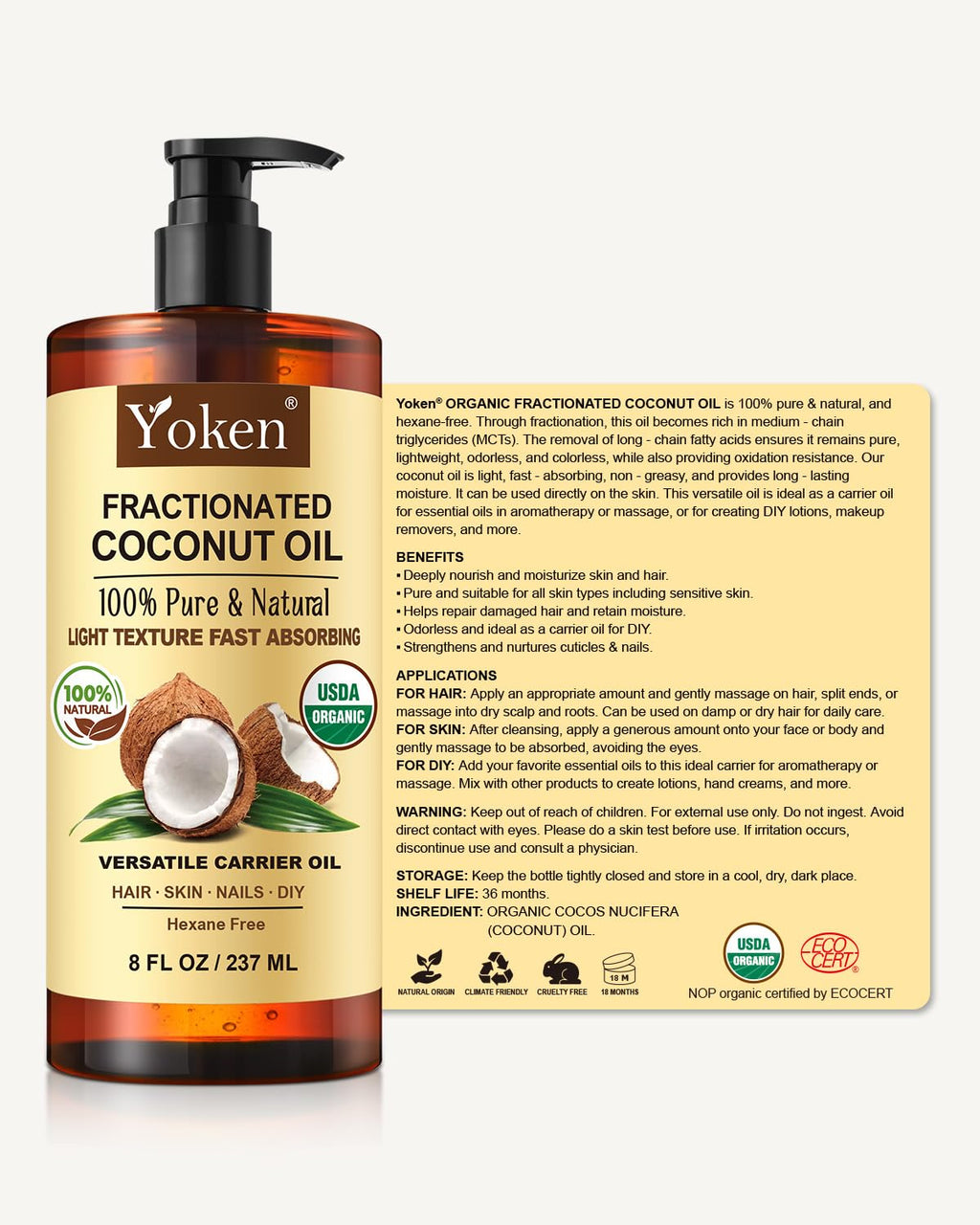 Yoken USDA Organic Fractionated Coconut Oil – 8 oz, Pure Liquid for Face & Body, Unscented, Hexane Free
