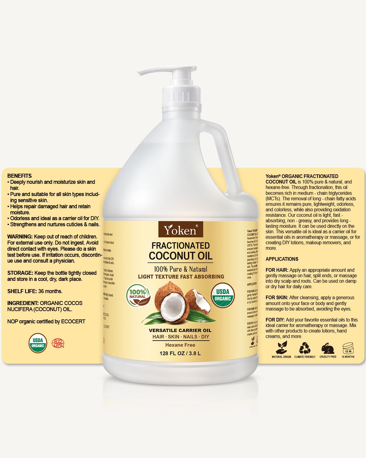 Yoken USDA Organic Fractionated Coconut Oil, 1 Gallon – Unscented, Hexane Free, for Massage & Bulk Use
