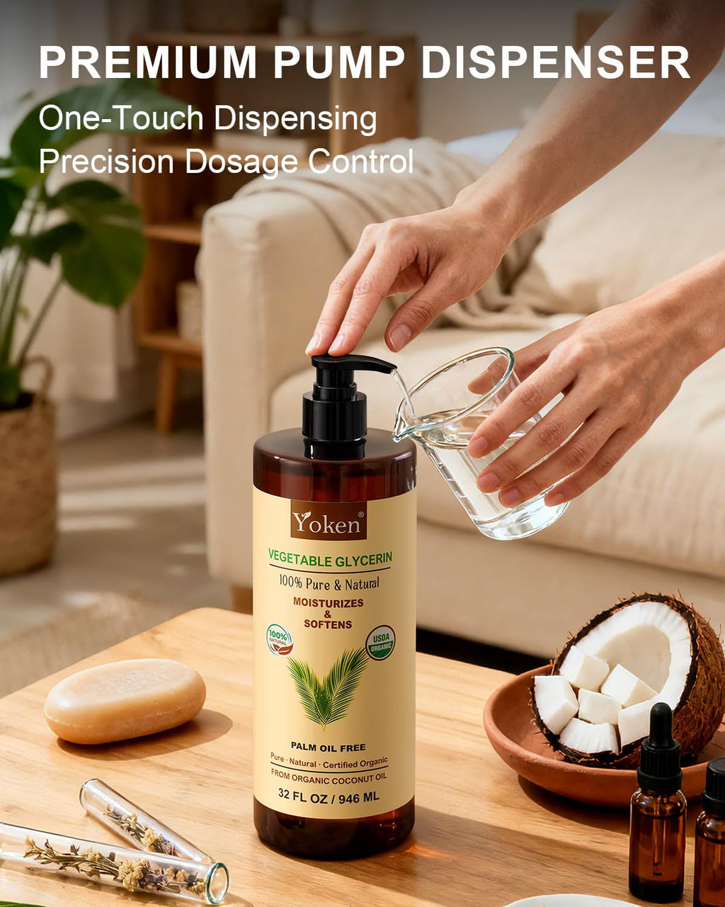 Yoken Glycerin Vegetable Glycerin 32 oz – USDA Organic, Coconut-Derived, Palm-Oil Free Carrier Oil