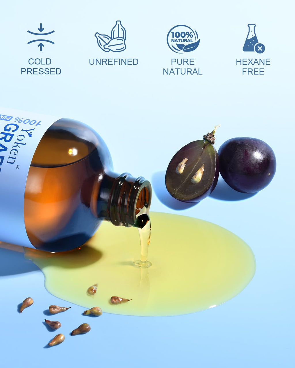 Yoken Organic Grapeseed Oil 16 oz – Pure Cold-Pressed, Hexane-Free Carrier Oil