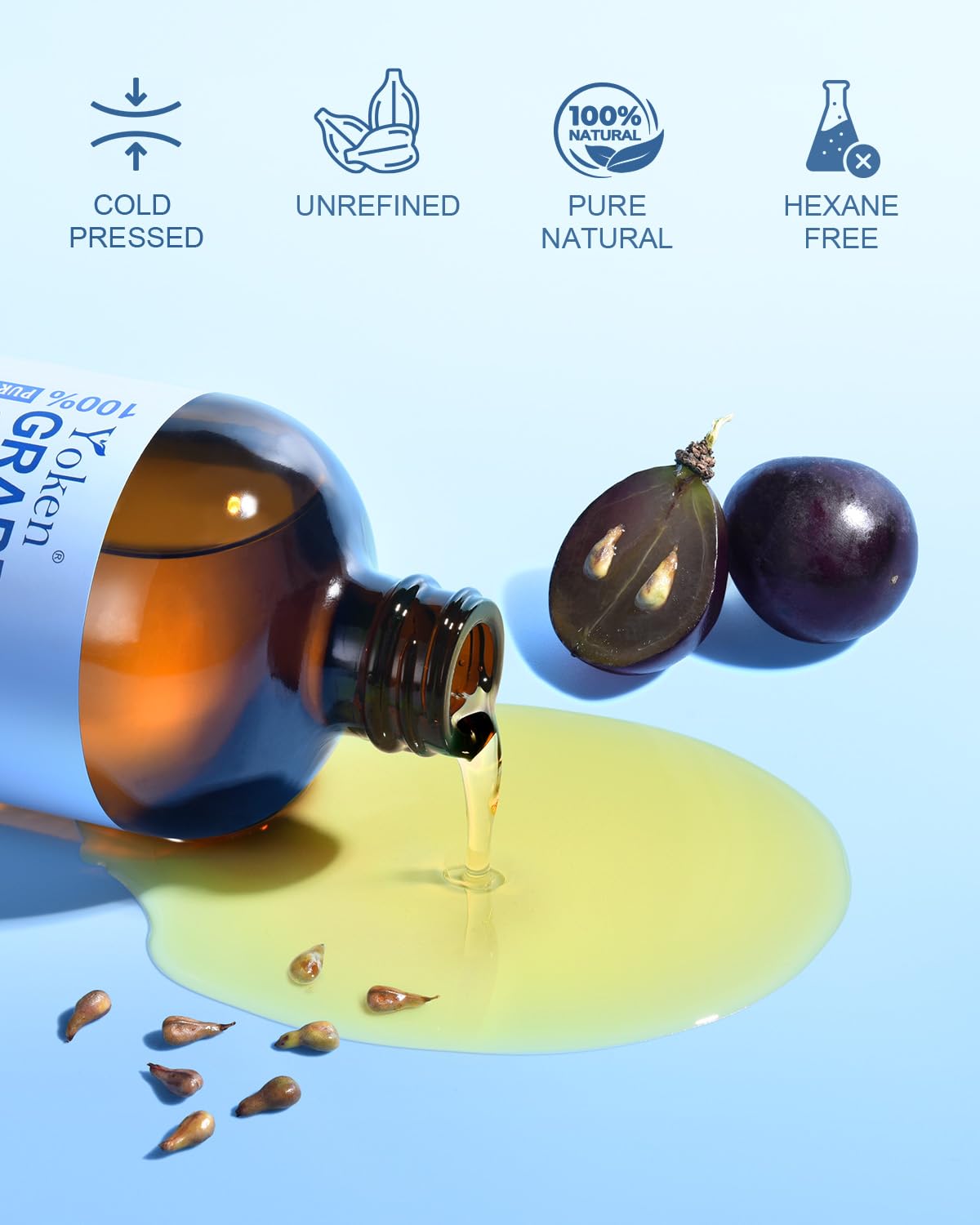 Yoken Organic Grapeseed Oil 16 oz – Pure Cold-Pressed, Hexane-Free Carrier Oil