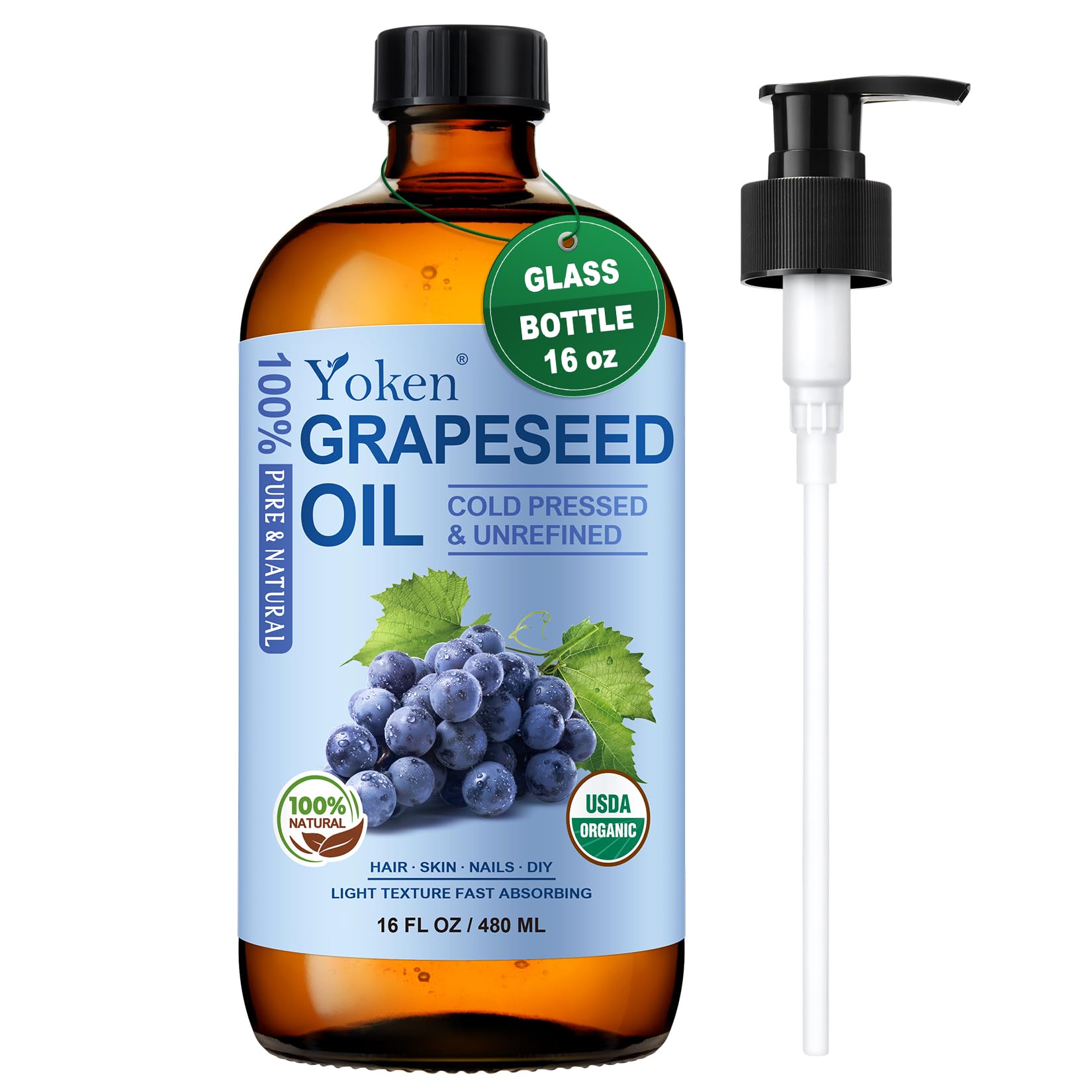 Yoken Organic Grapeseed Oil 16 oz – Pure Cold-Pressed, Hexane-Free Carrier Oil