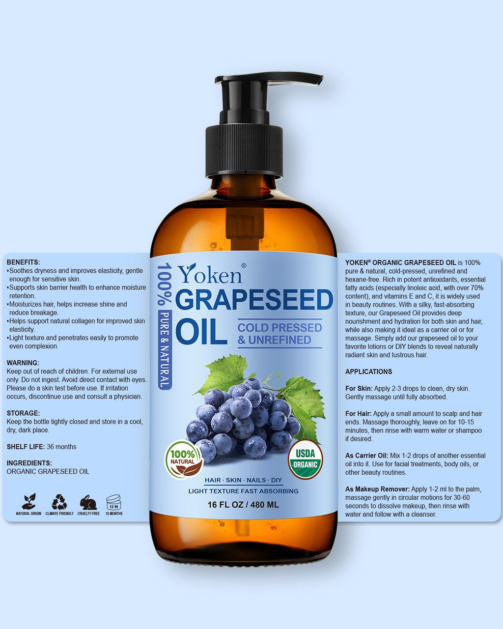 Yoken Organic Grapeseed Oil 16 oz – Pure Cold-Pressed, Hexane-Free Carrier Oil