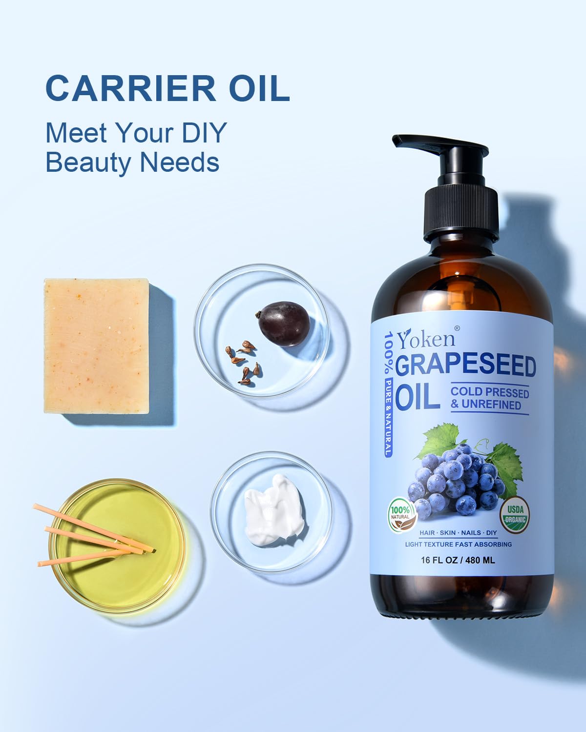 Yoken Organic Grapeseed Oil 16 oz – Pure Cold-Pressed, Hexane-Free Carrier Oil