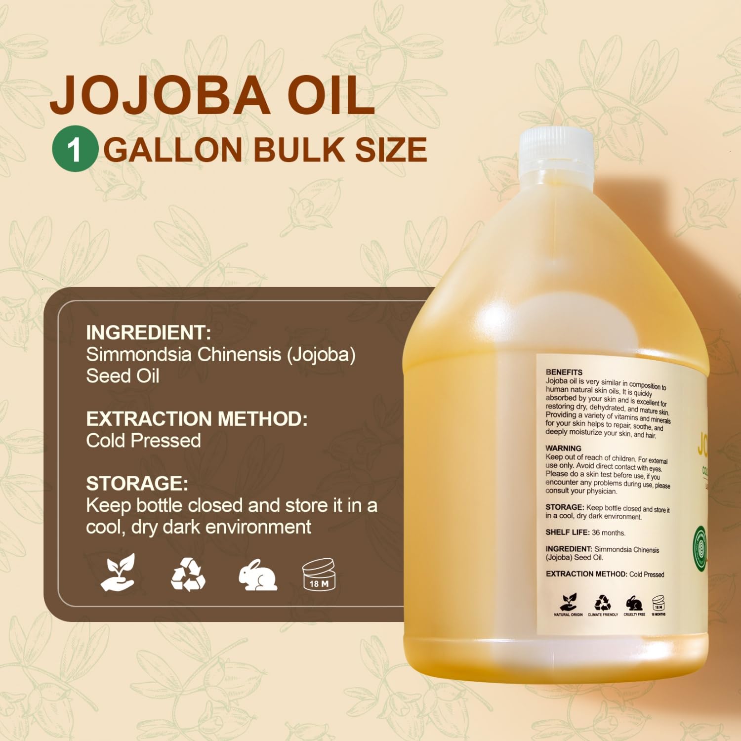Yoken 1 Gallon Jojoba Oil – Pure Cold-Pressed, Hexane-Free Carrier Oil (EWG Verified) for Hair & Skin