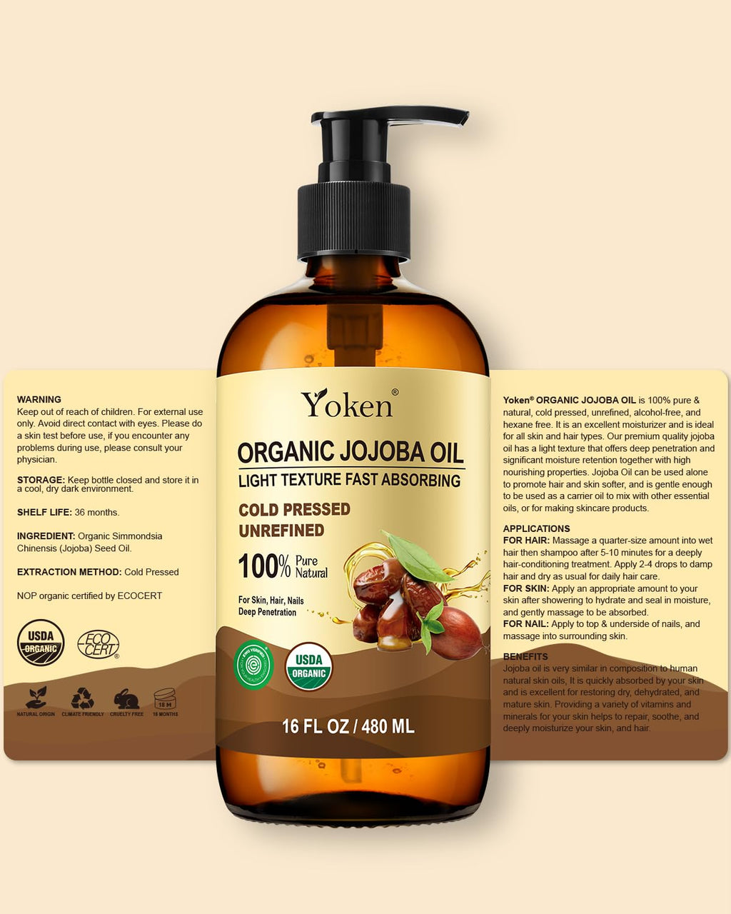 Yoken Organic Jojoba Oil – 16 fl oz USDA Certified, 100% Pure & Natural
