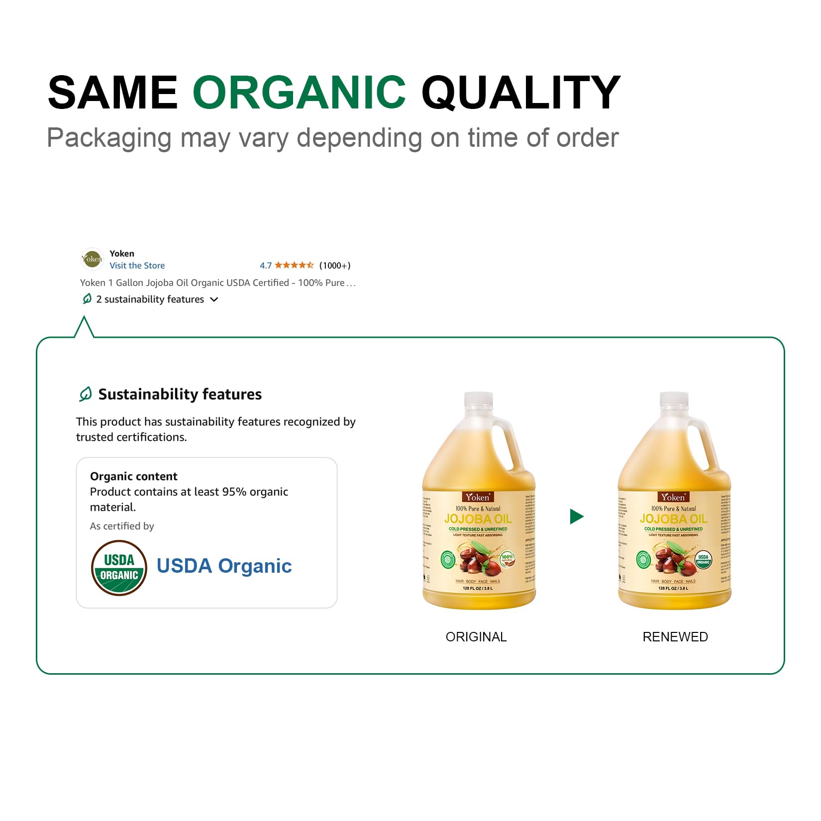 Yoken 1 Gallon Jojoba Oil – Pure Cold-Pressed, Hexane-Free Carrier Oil (EWG Verified) for Hair & Skin