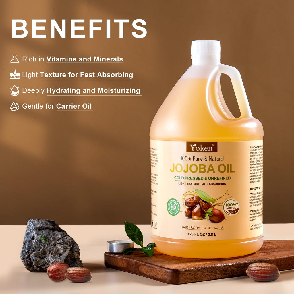 Yoken 1 Gallon Jojoba Oil – Pure Cold-Pressed, Hexane-Free Carrier Oil (EWG Verified) for Hair & Skin