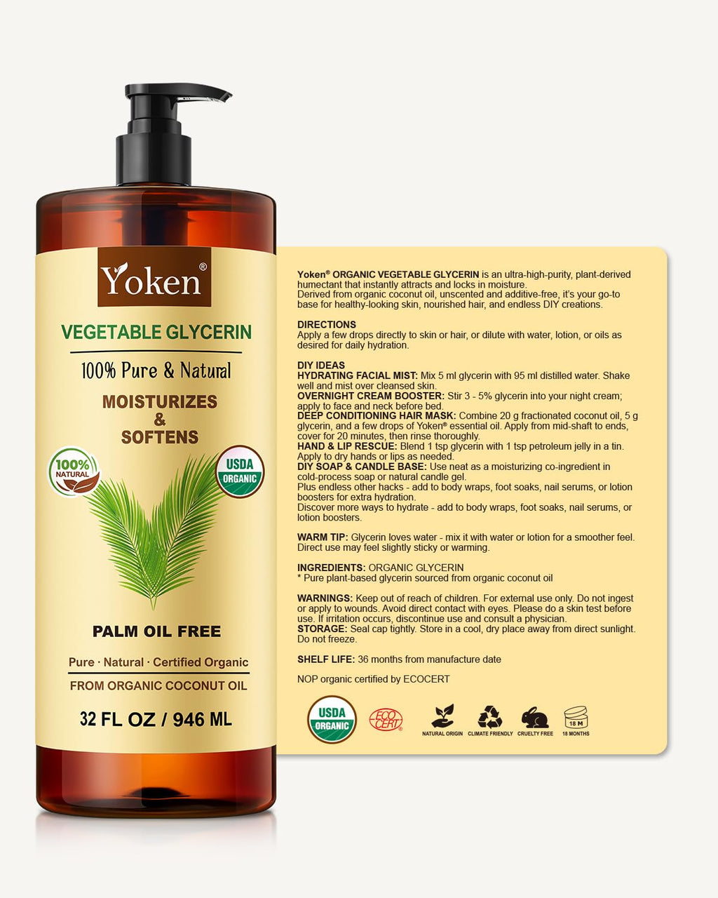 Yoken Glycerin Vegetable Glycerin 32 oz – USDA Organic, Coconut-Derived, Palm-Oil Free Carrier Oil