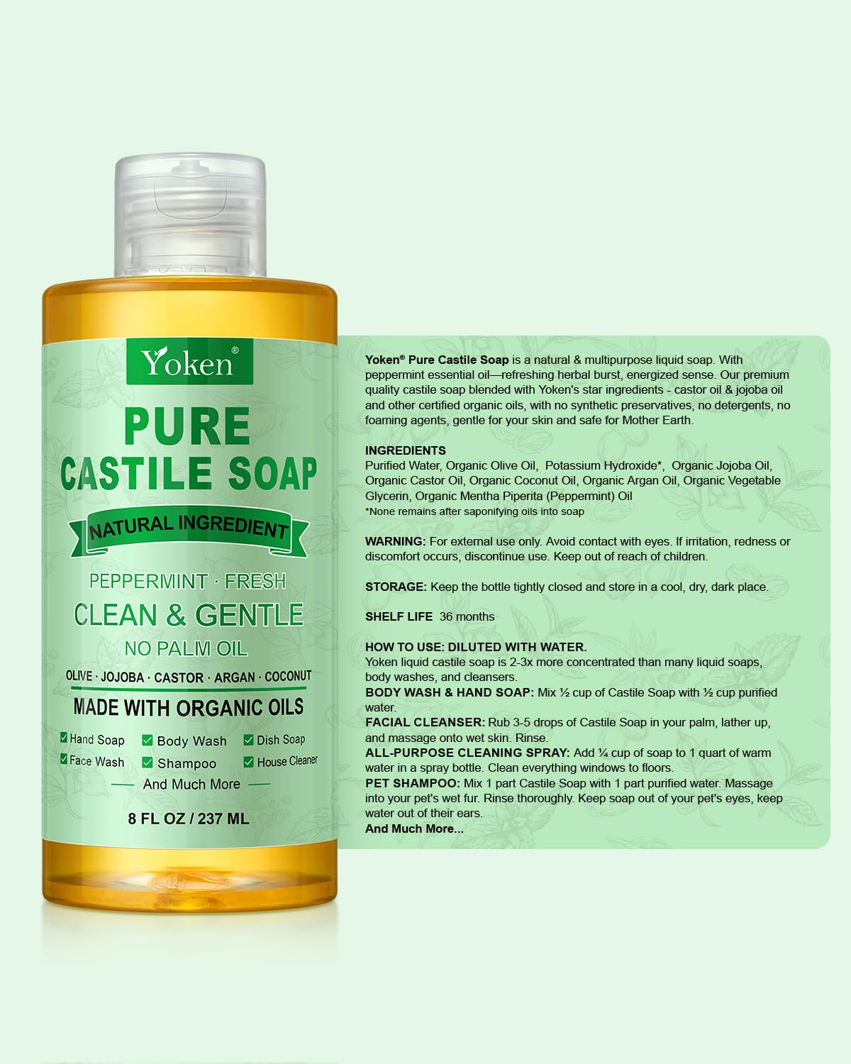 Yoken Peppermint Castile Soap Liquid 8 oz – Organic Oils, Versatile Vegan Cleanser