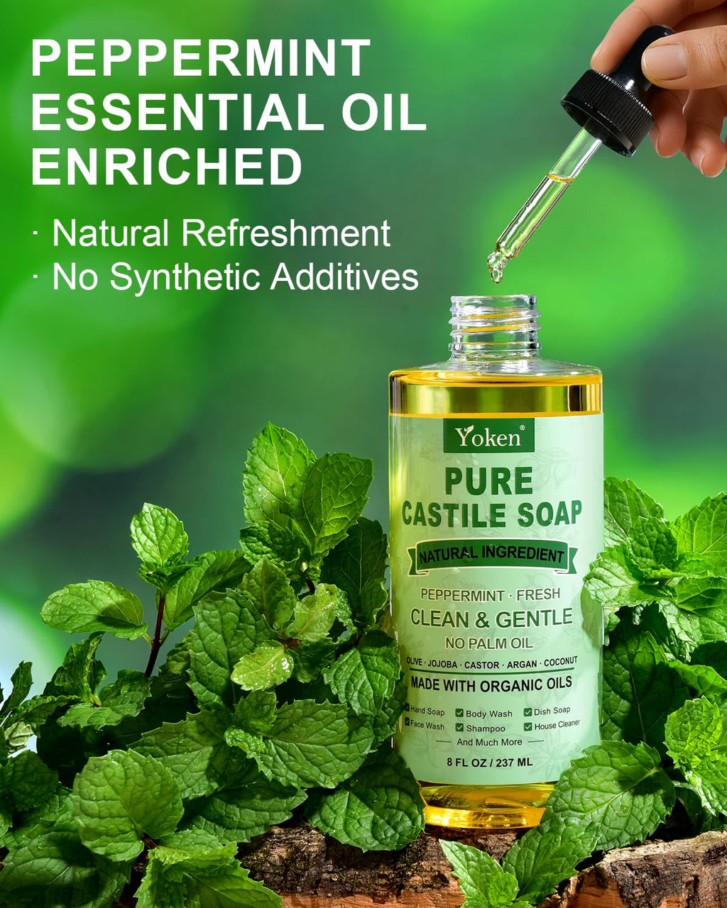 Yoken Peppermint Castile Soap Liquid 8 oz – Organic Oils, Versatile Vegan Cleanser
