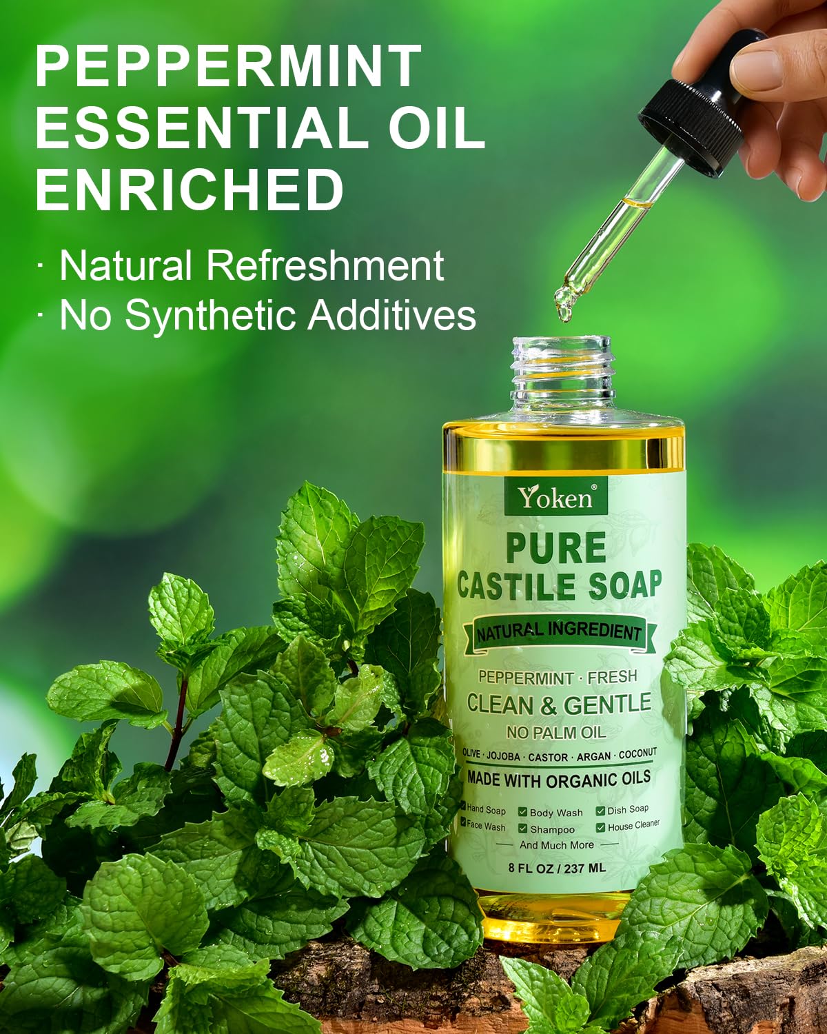 Yoken Peppermint Castile Soap Liquid 8 oz – Organic Oils, Versatile Vegan Cleanser