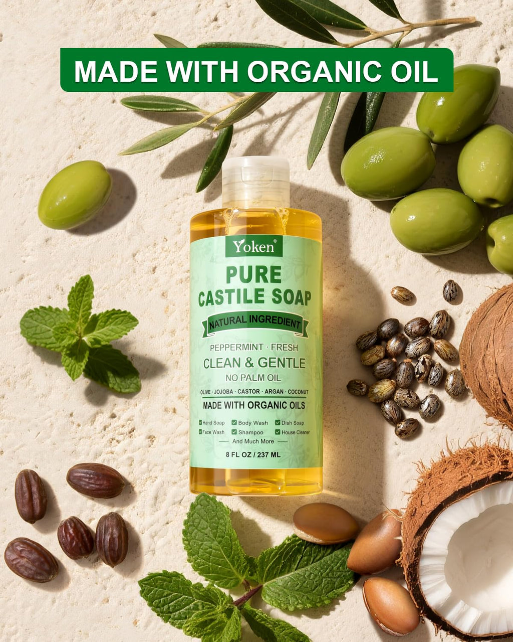 Yoken Peppermint Castile Soap Liquid 8 oz – Organic Oils, Versatile Vegan Cleanser