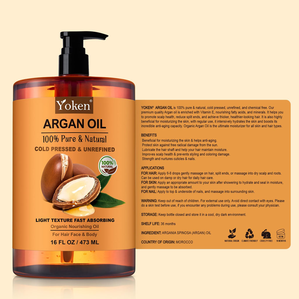 Yoken Pure Argan Oil 16 oz – 100% Natural, Cold-Pressed, Unrefined