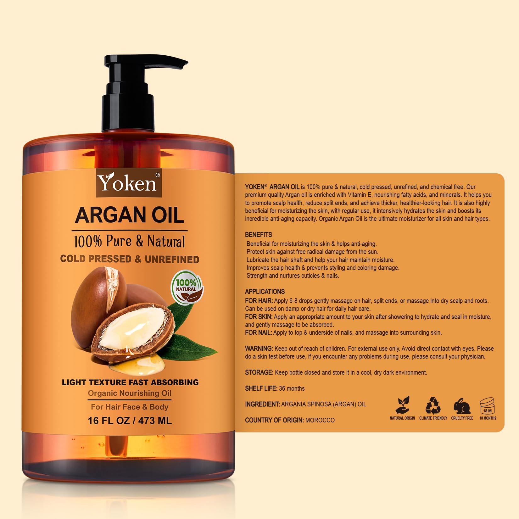 Yoken Pure Argan Oil 16 oz – 100% Natural, Cold-Pressed, Unrefined