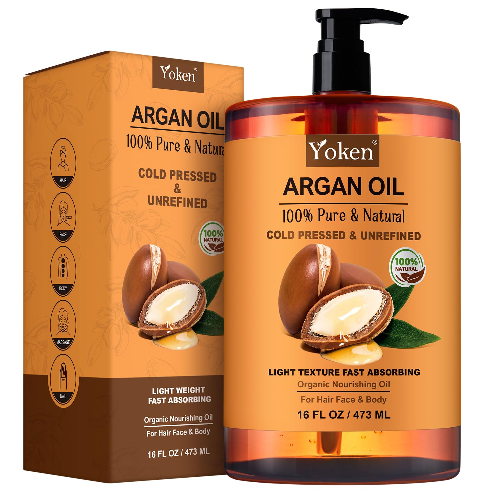 Yoken Pure Argan Oil 16 oz – 100% Natural, Cold-Pressed, Unrefined