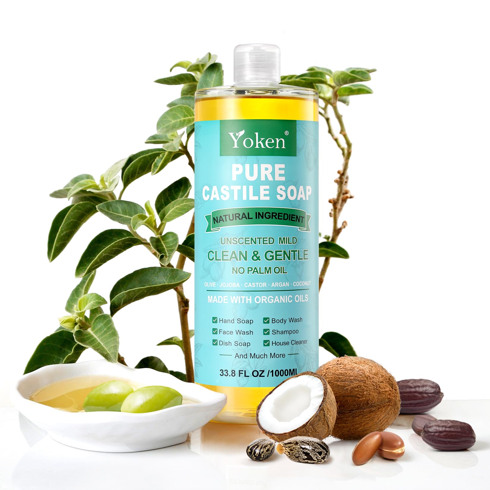 Yoken Pure Castile Soap Liquid Unscented 67oz – Organic Oils, Vegan, No Palm Oil
