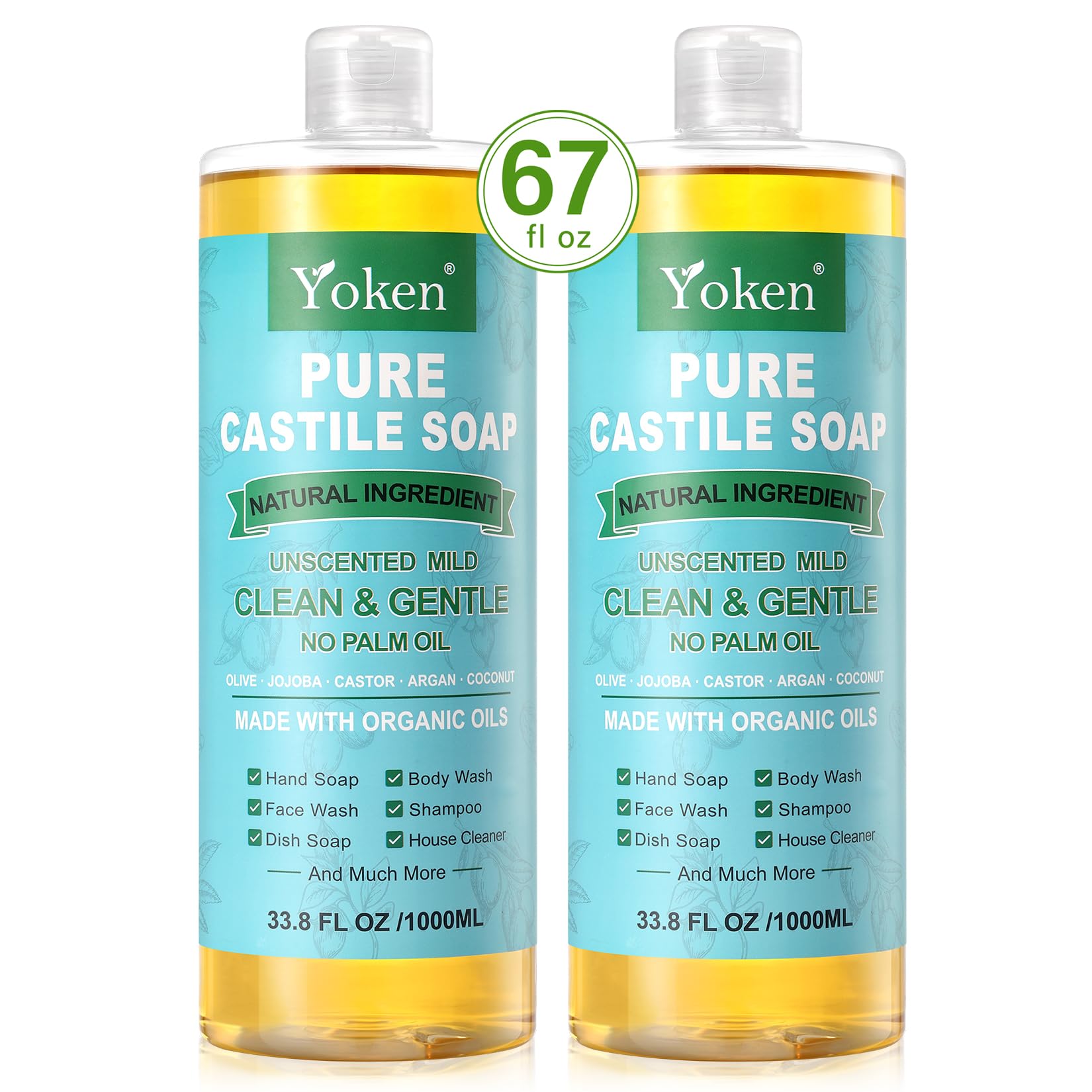 Yoken Pure Castile Soap Liquid Unscented 67oz – Organic Oils, Vegan, No Palm Oil