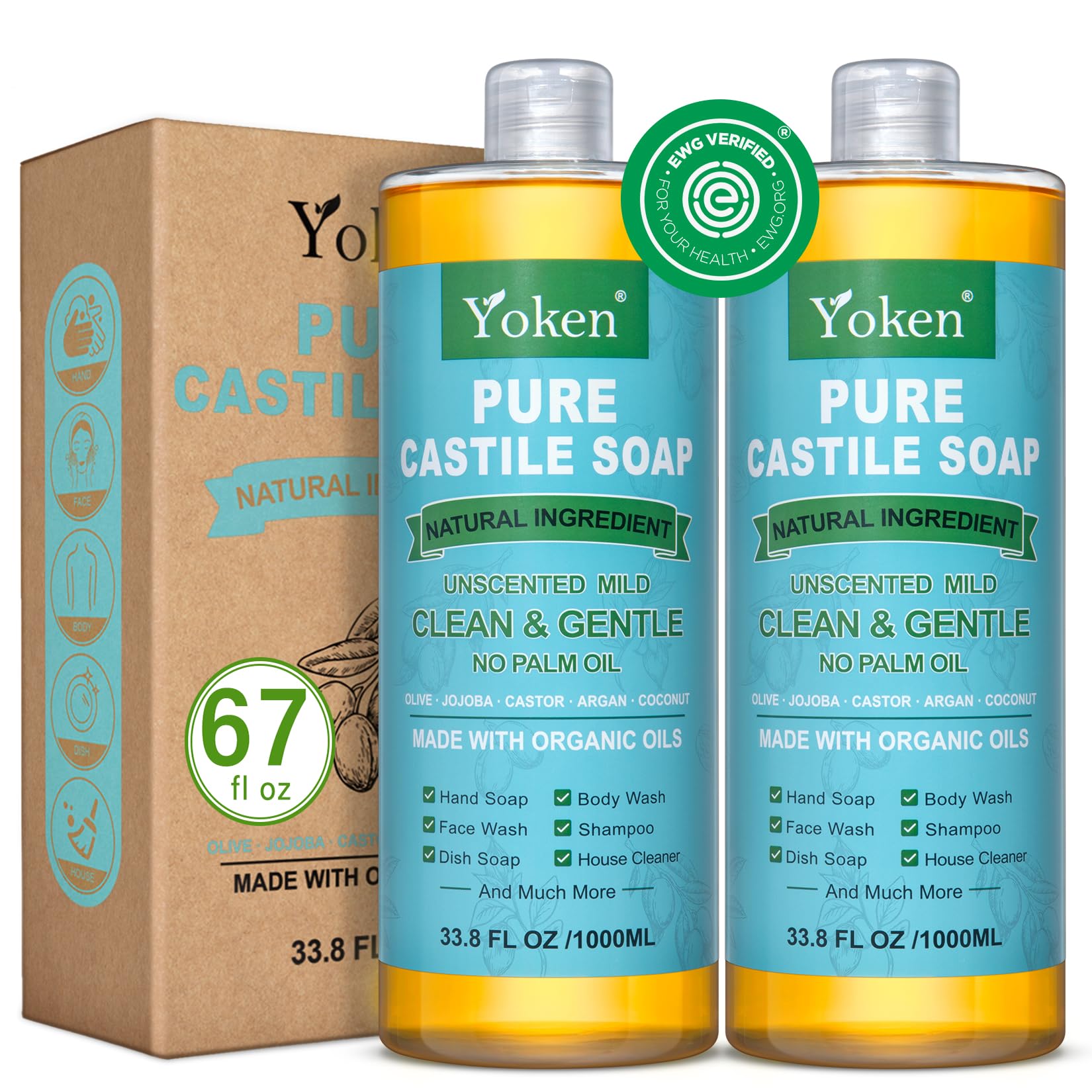 Yoken Pure Castile Soap Liquid Unscented 67oz – Organic Oils, Vegan, No Palm Oil