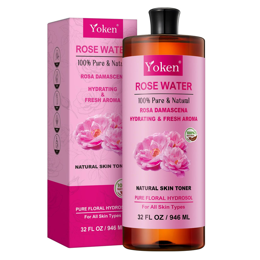 Yoken Pure Rose Water Toner for Face – 32oz Bulk, 100% Rosa Damascena Hydrosol, Alcohol-Free
