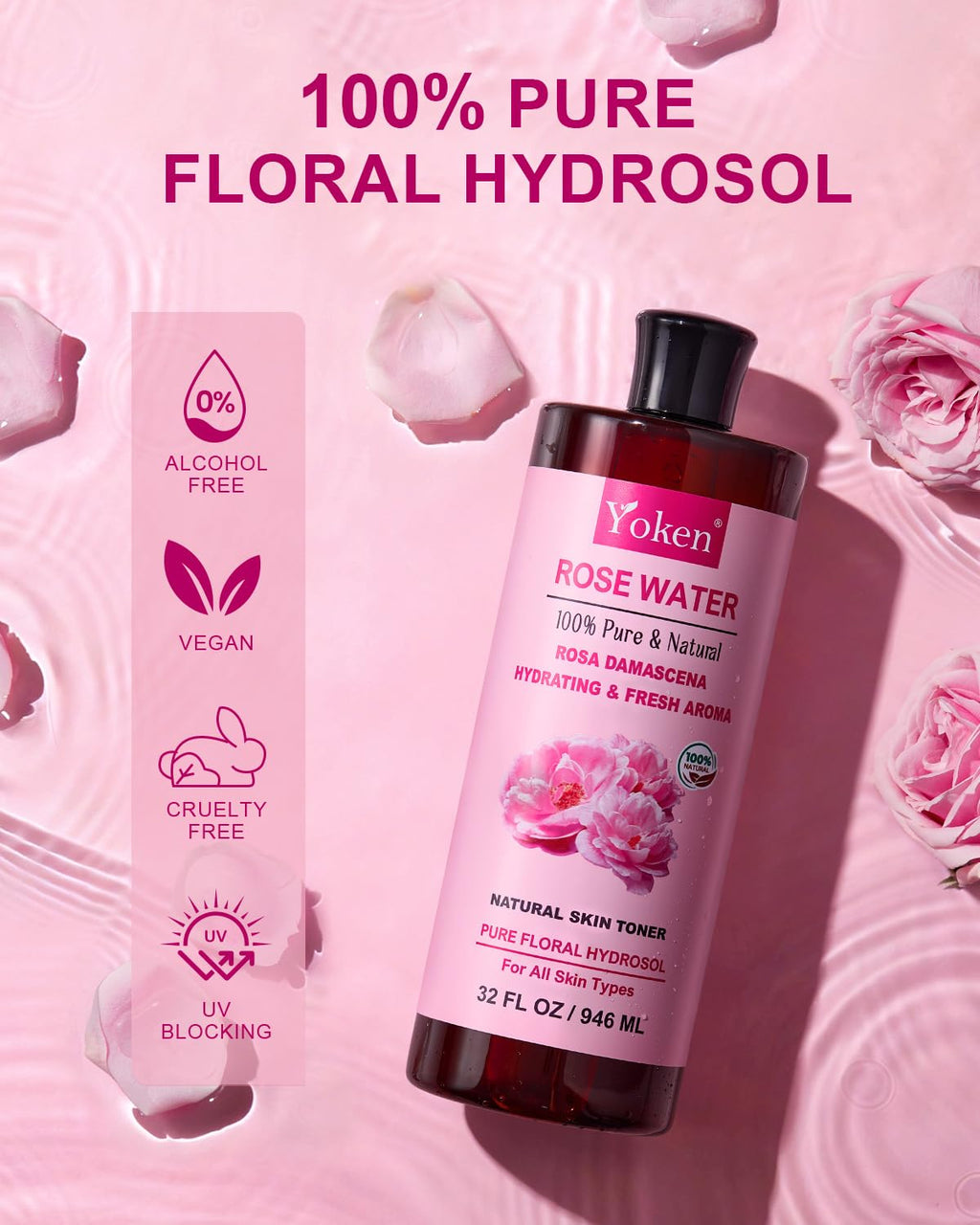 Yoken Pure Rose Water Toner for Face – 32oz Bulk, 100% Rosa Damascena Hydrosol, Alcohol-Free