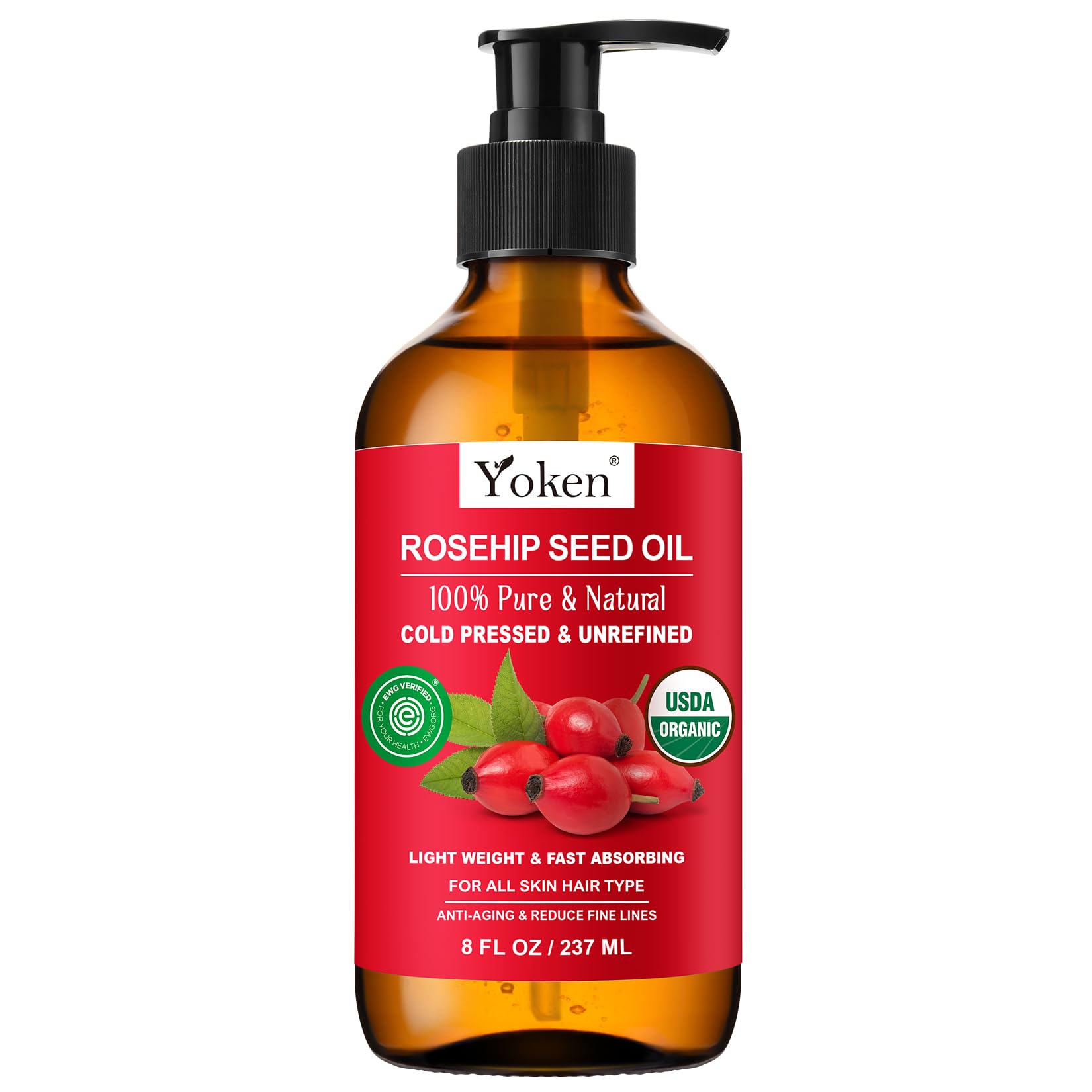 Yoken Rosehip Seed Oil Organic – 100% Pure, Cold-Pressed, 8 oz