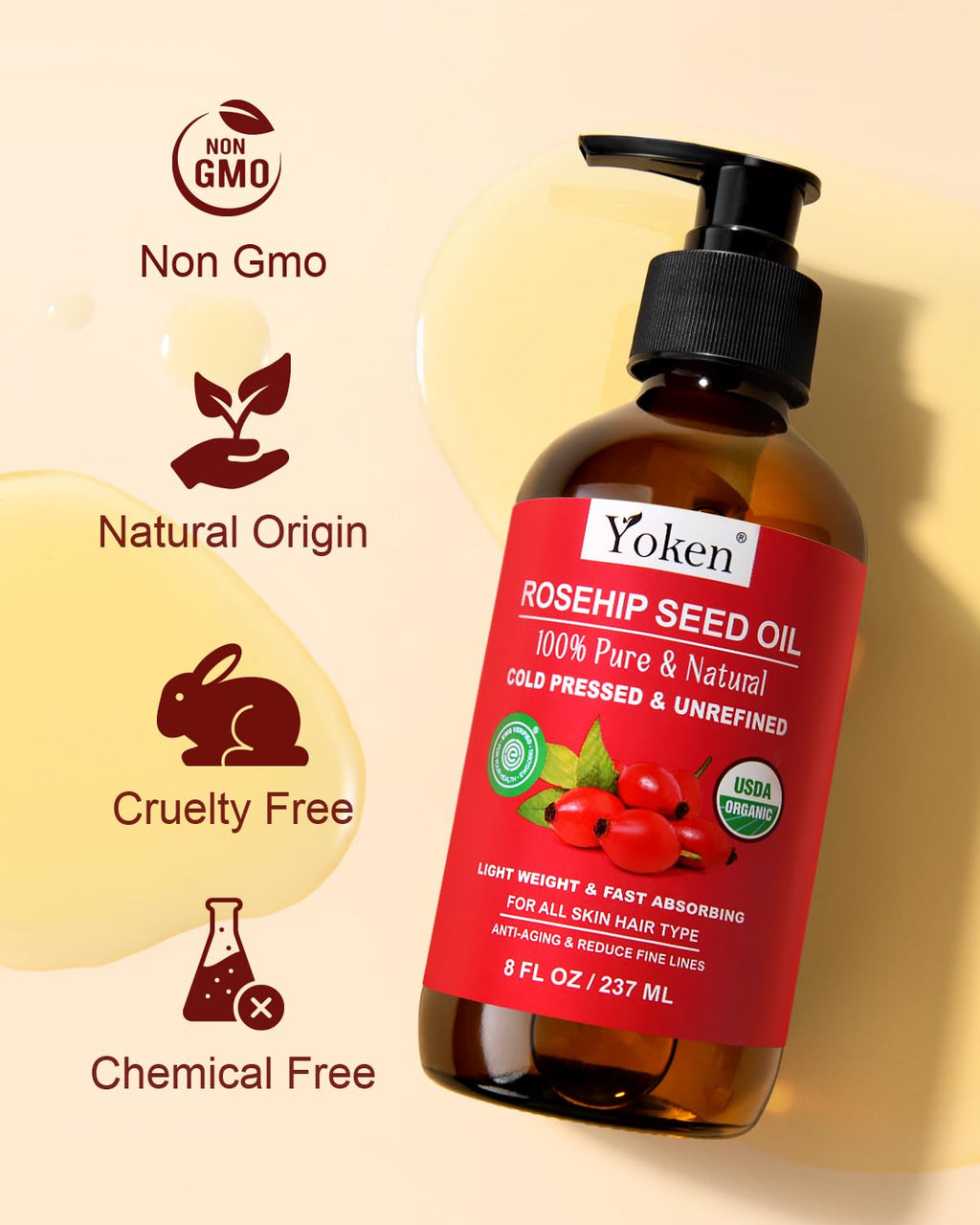 Yoken Rosehip Seed Oil Organic – 100% Pure, Cold-Pressed, 8 oz