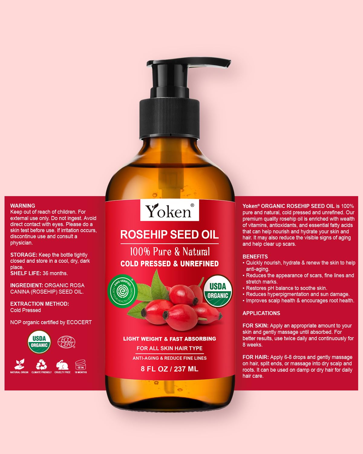 Yoken Rosehip Seed Oil Organic – 100% Pure, Cold-Pressed, 8 oz