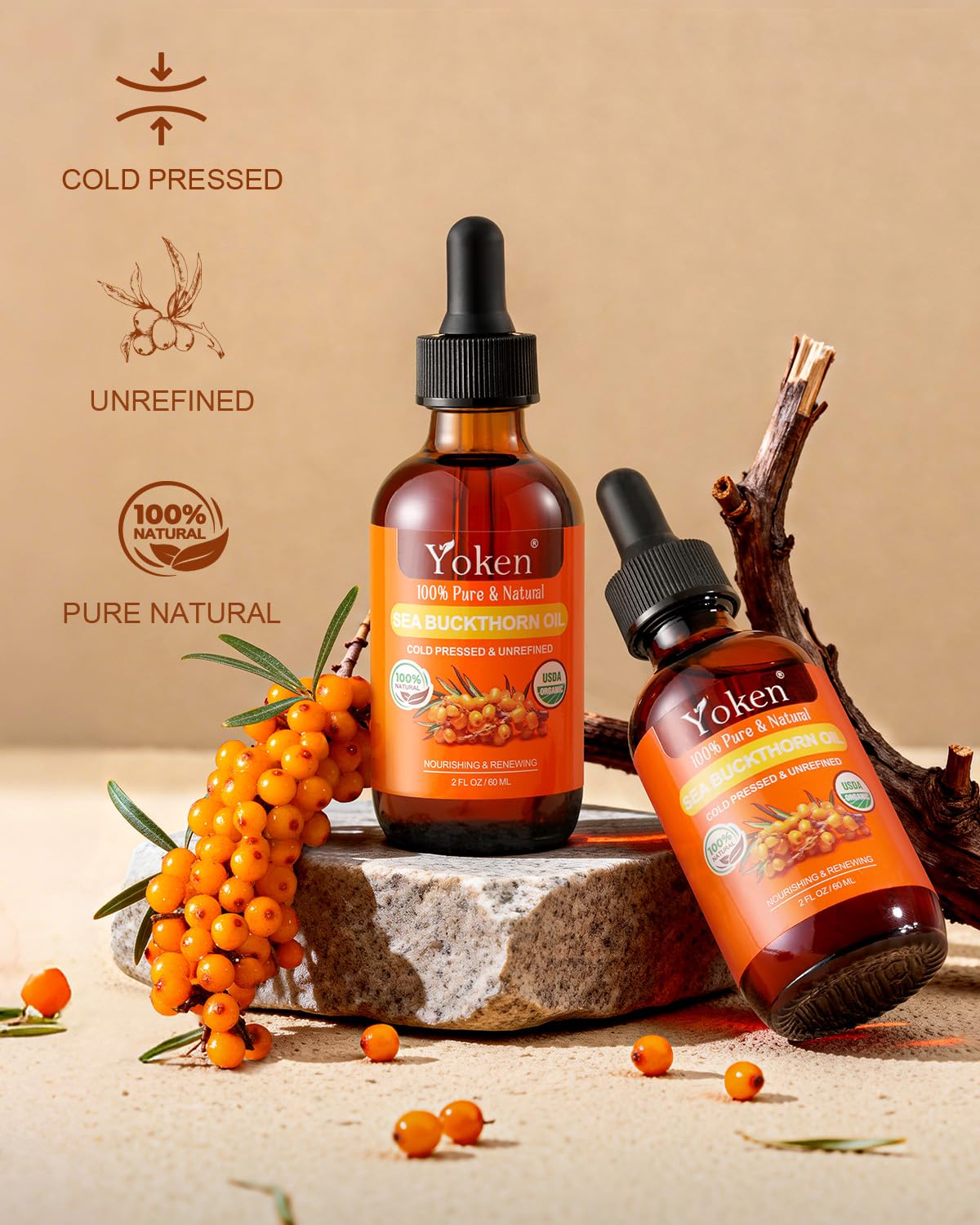 Yoken USDA Sea Buckthorn Oil Organic – 2oz Cold-Pressed Facial Oil for Face, Hair & Nails