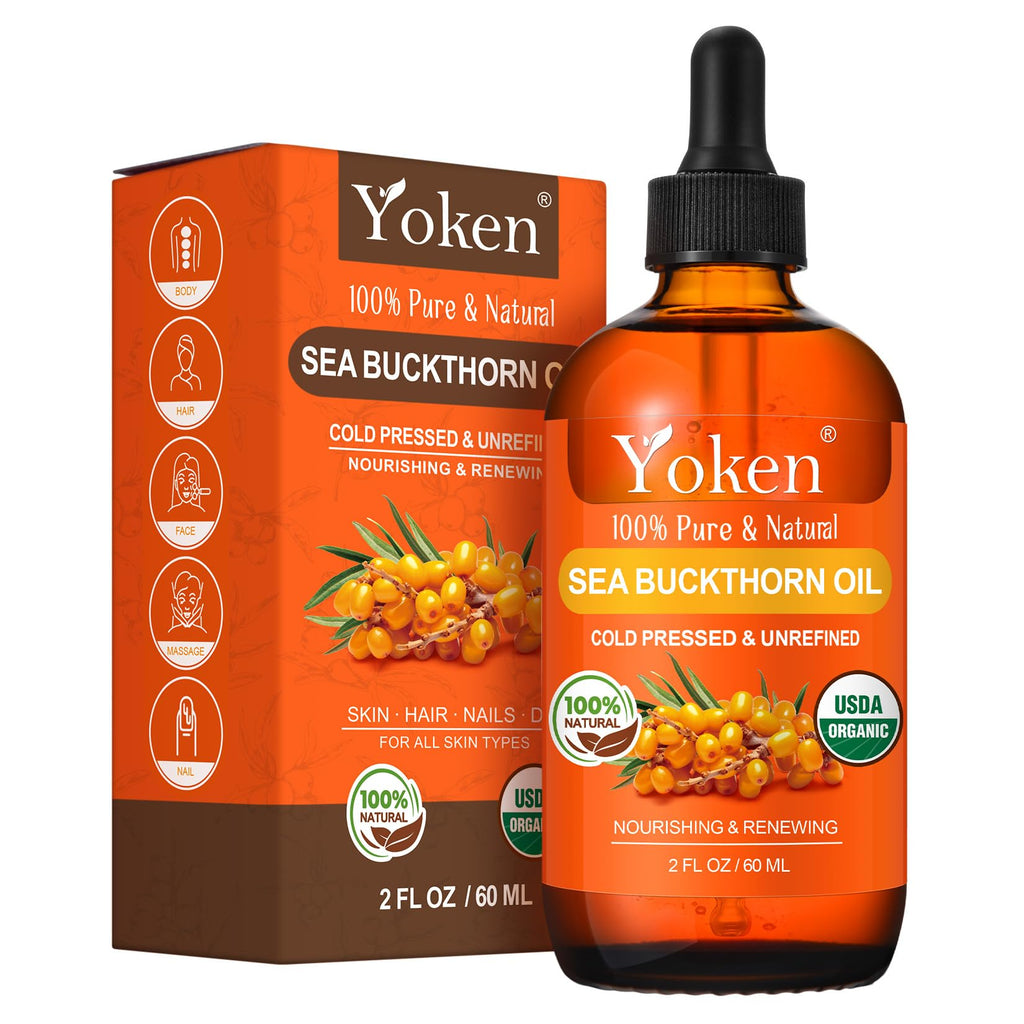 Yoken USDA Sea Buckthorn Oil Organic – 2oz Cold-Pressed Facial Oil for Face, Hair & Nails
