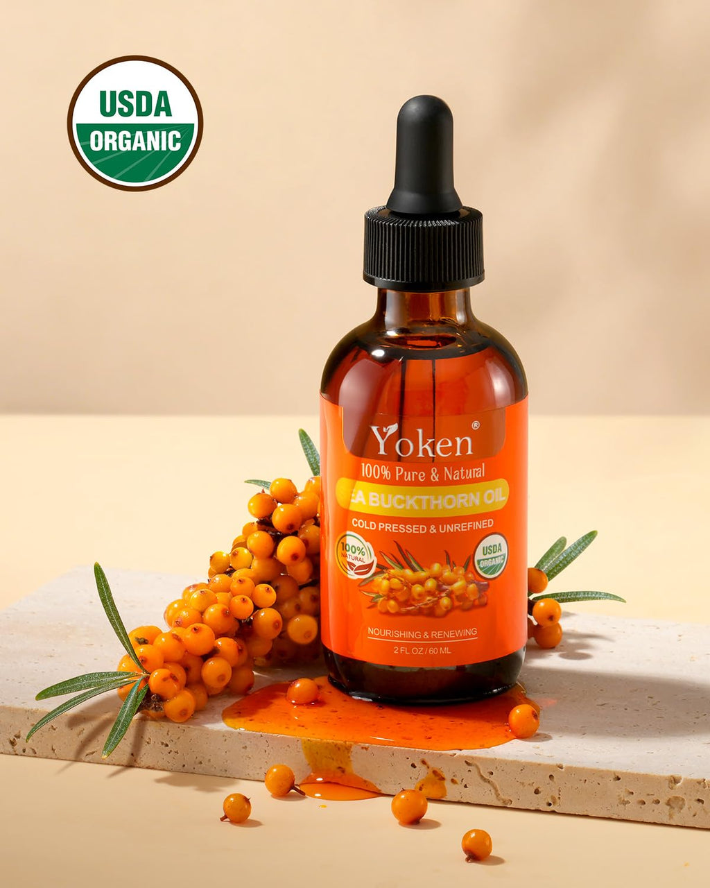 Yoken USDA Sea Buckthorn Oil Organic – 2oz Cold-Pressed Facial Oil for Face, Hair & Nails