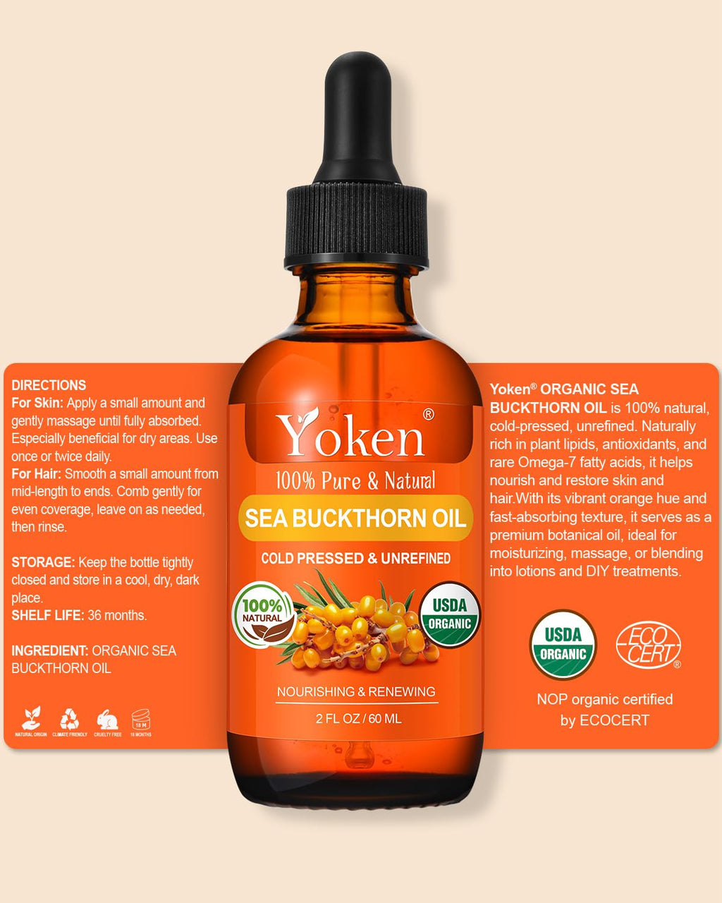 Yoken USDA Sea Buckthorn Oil Organic – 2oz Cold-Pressed Facial Oil for Face, Hair & Nails