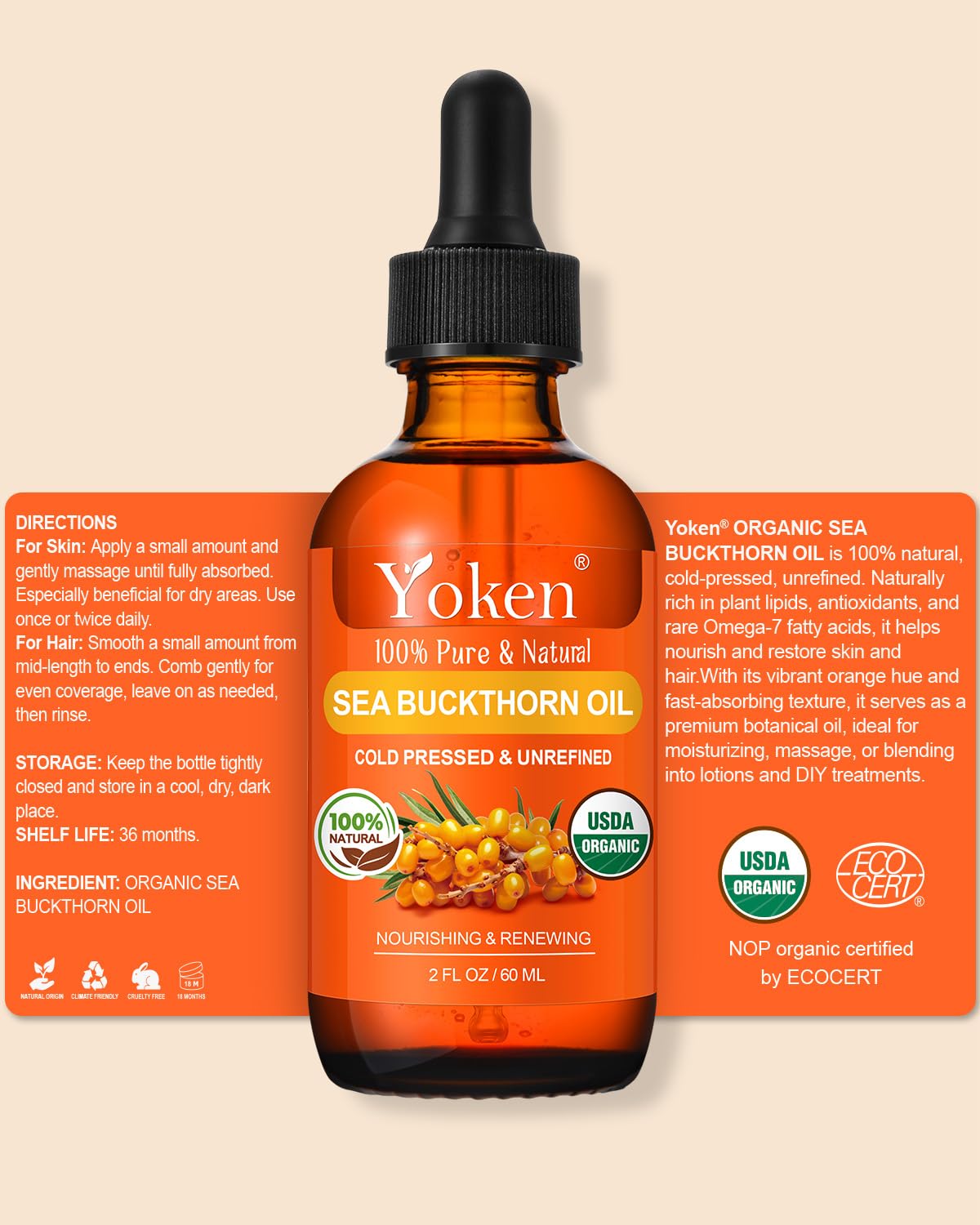 Yoken USDA Sea Buckthorn Oil Organic – 2oz Cold-Pressed Facial Oil for Face, Hair & Nails