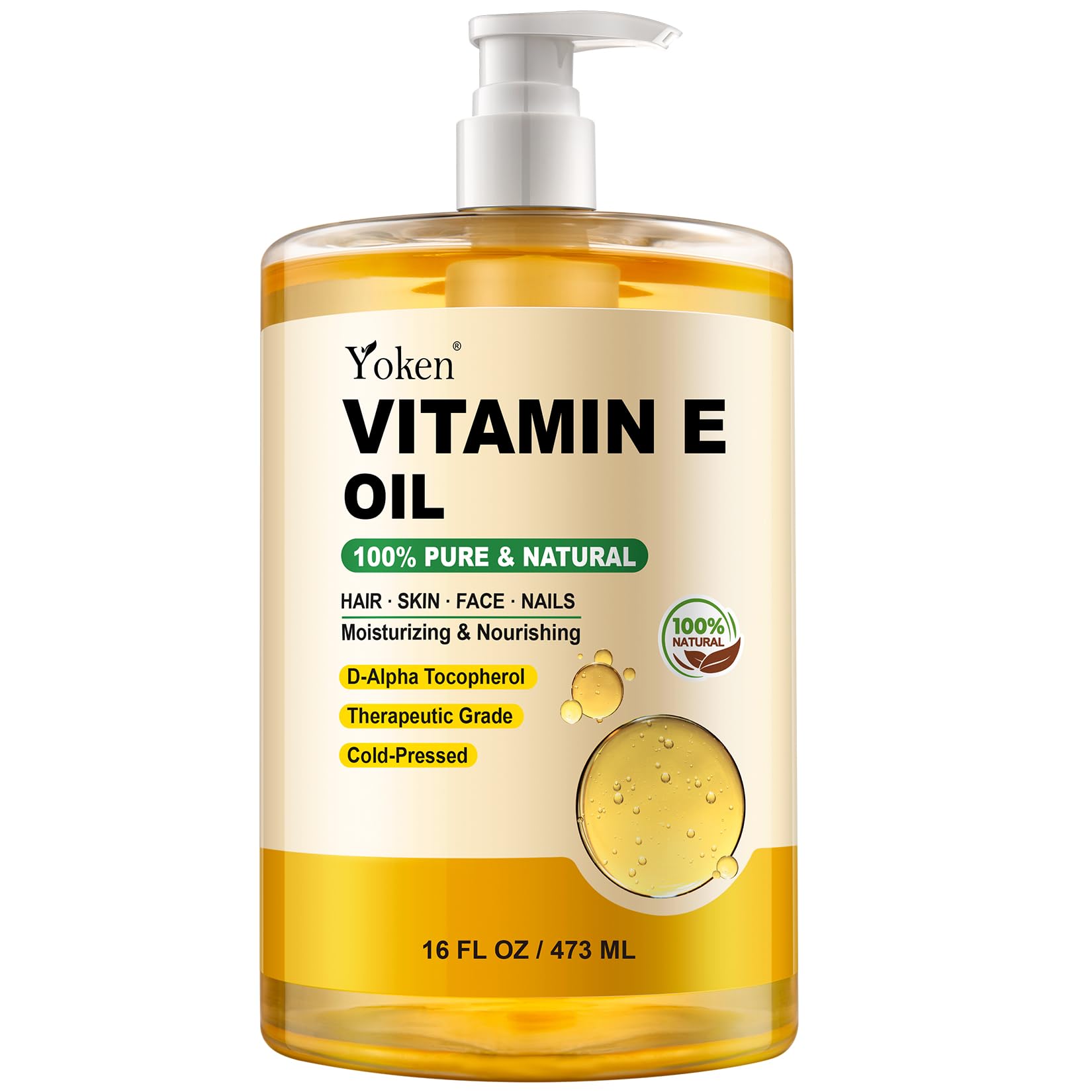 Yoken Vitamin E Oil 16oz – Cold-Pressed, Hexane-Free Skin & Body Oil