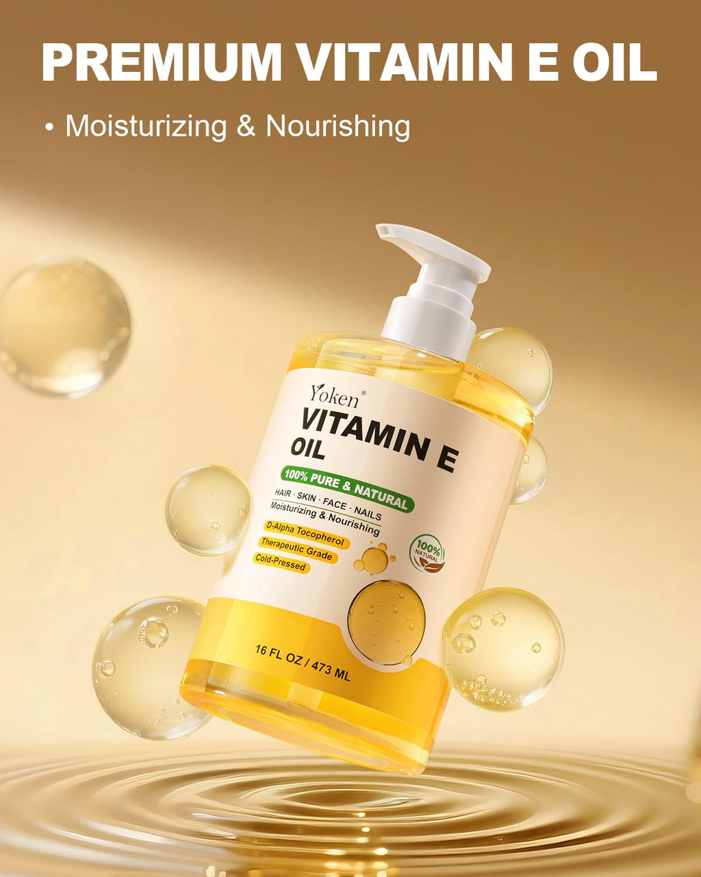 Yoken Vitamin E Oil 16oz – Cold-Pressed, Hexane-Free Skin & Body Oil