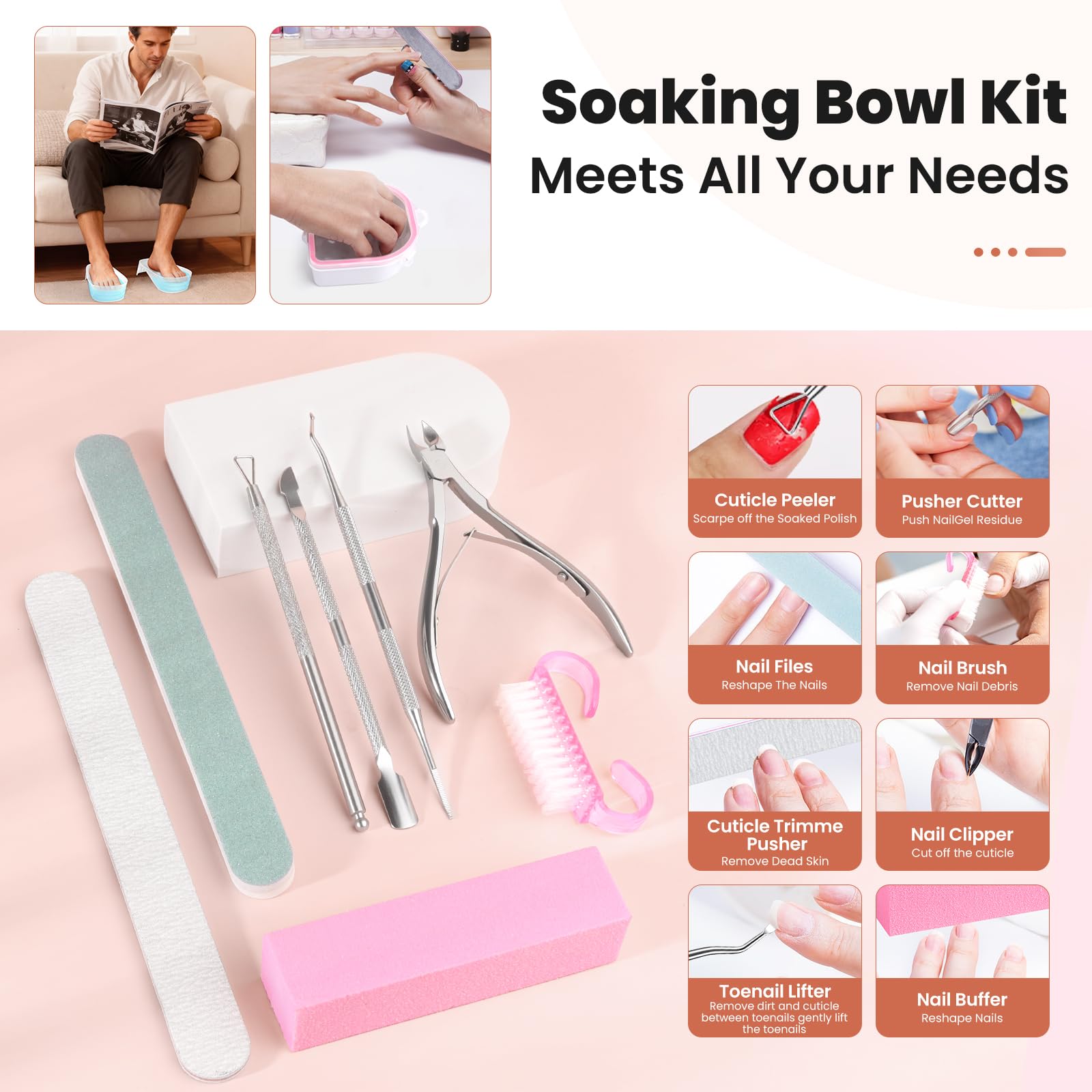 Yokilly Hand & Foot Nail Soaking Bowl Set – 12-Piece Large, Acetone-Proof PT Material (Pink/Clear)