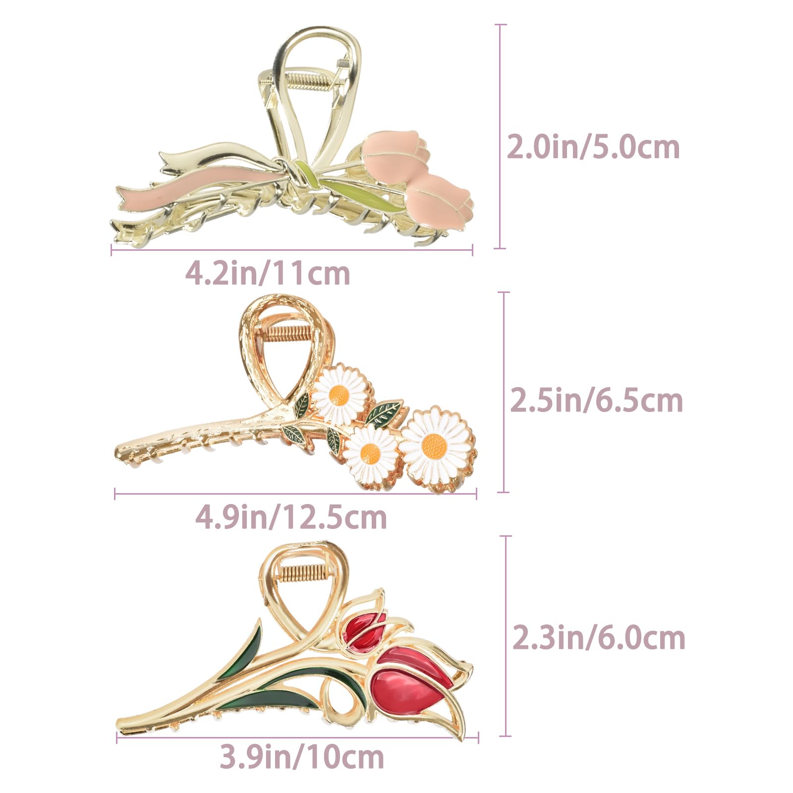 Yonchic 3-Piece Flower Metal Hair Clips – Multicolor Daisy Tulip Claws for Thin to Medium Hair | Strong Hold & Non-Slip