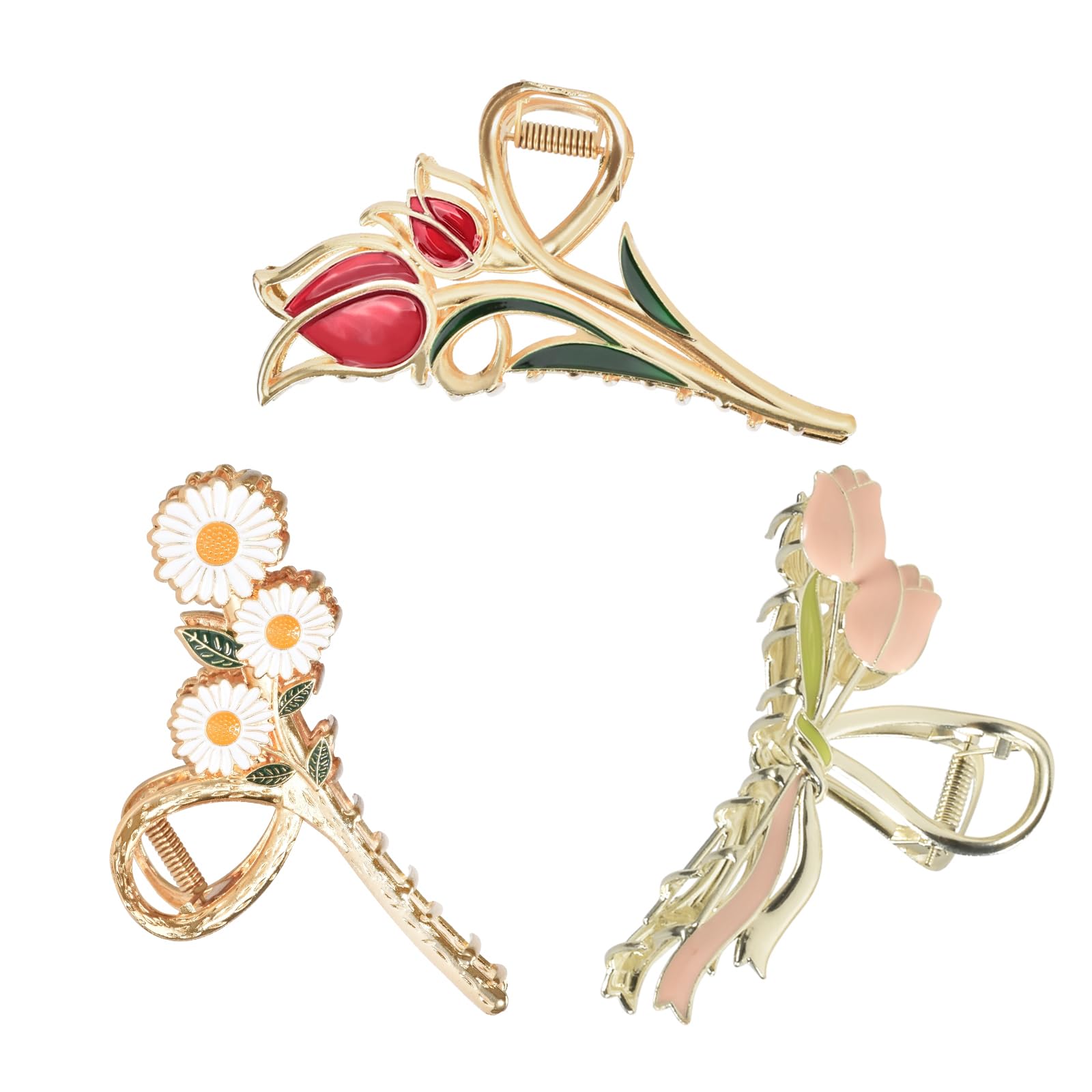 Yonchic 3-Piece Flower Metal Hair Clips – Multicolor Daisy Tulip Claws for Thin to Medium Hair | Strong Hold & Non-Slip