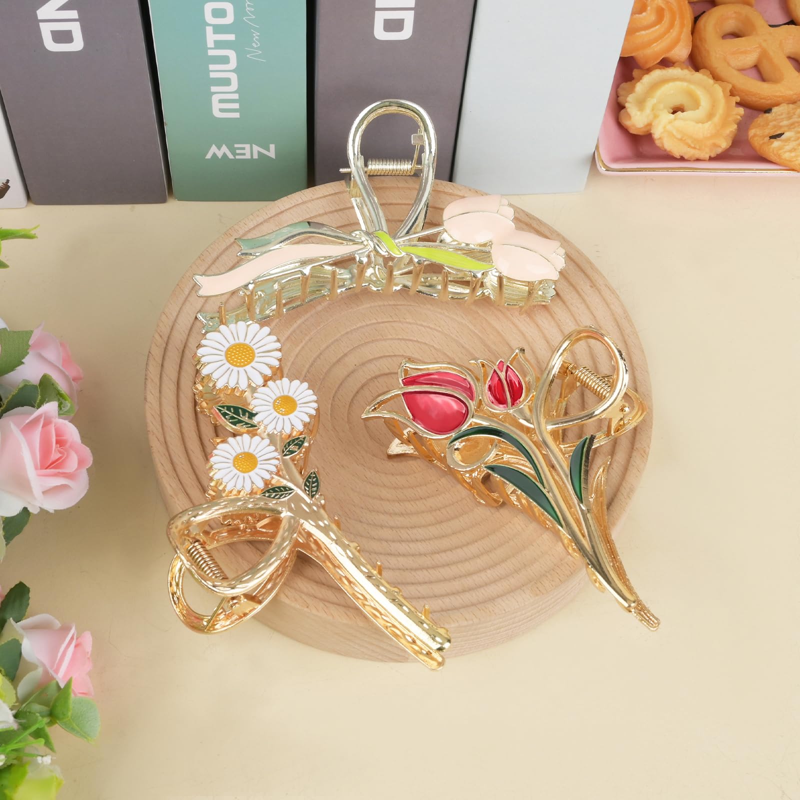 Yonchic 3-Piece Flower Metal Hair Clips – Multicolor Daisy Tulip Claws for Thin to Medium Hair | Strong Hold & Non-Slip