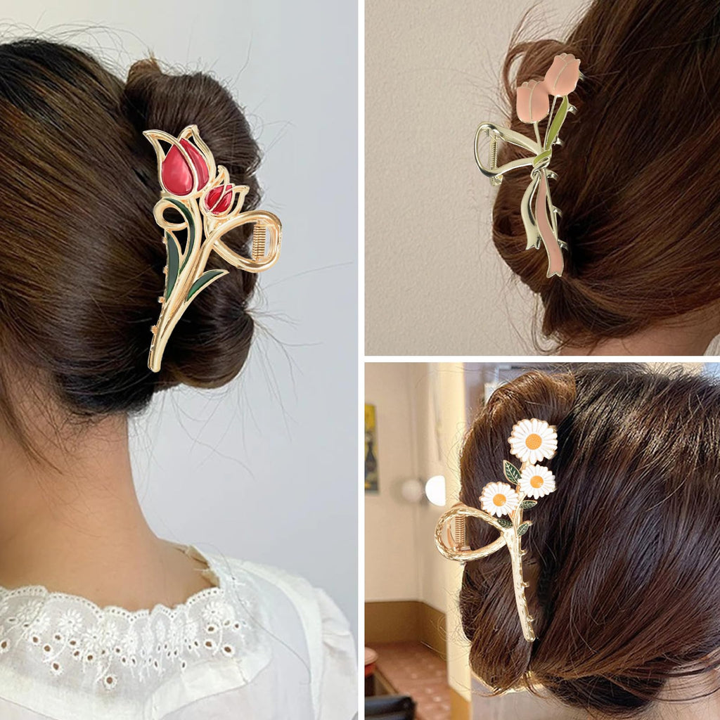Yonchic 3-Piece Flower Metal Hair Clips – Multicolor Daisy Tulip Claws for Thin to Medium Hair | Strong Hold & Non-Slip