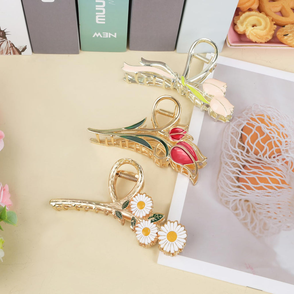 Yonchic 3-Piece Flower Metal Hair Clips – Multicolor Daisy Tulip Claws for Thin to Medium Hair | Strong Hold & Non-Slip