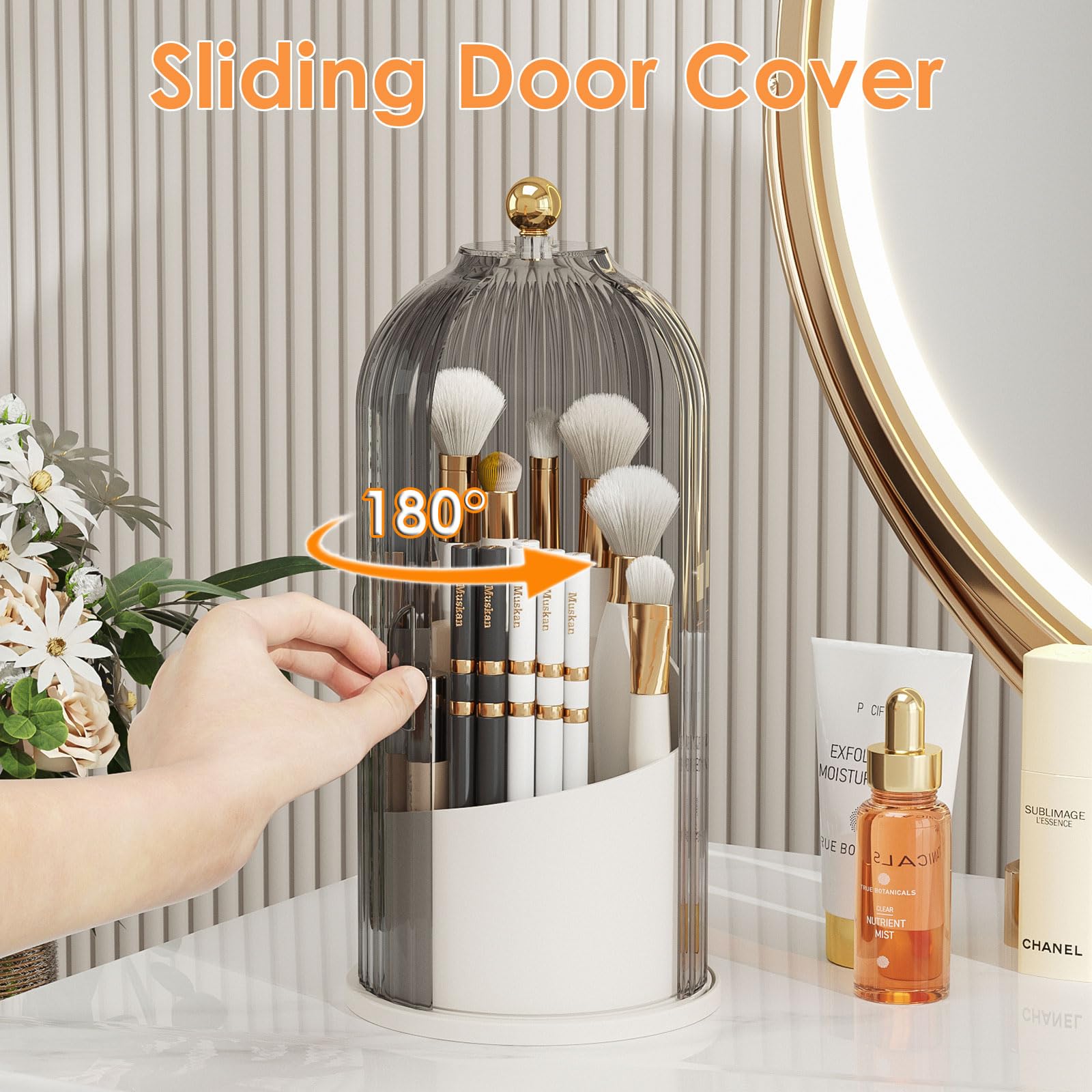 YOOLENS Makeup Brush Holder with Lid - 360° Rotating Clear Dustproof Organizer (Gray)