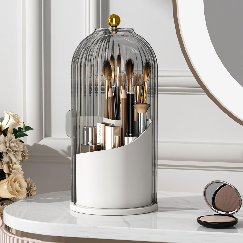 YOOLENS Makeup Brush Holder with Lid - 360° Rotating Clear Dustproof Organizer (Gray)
