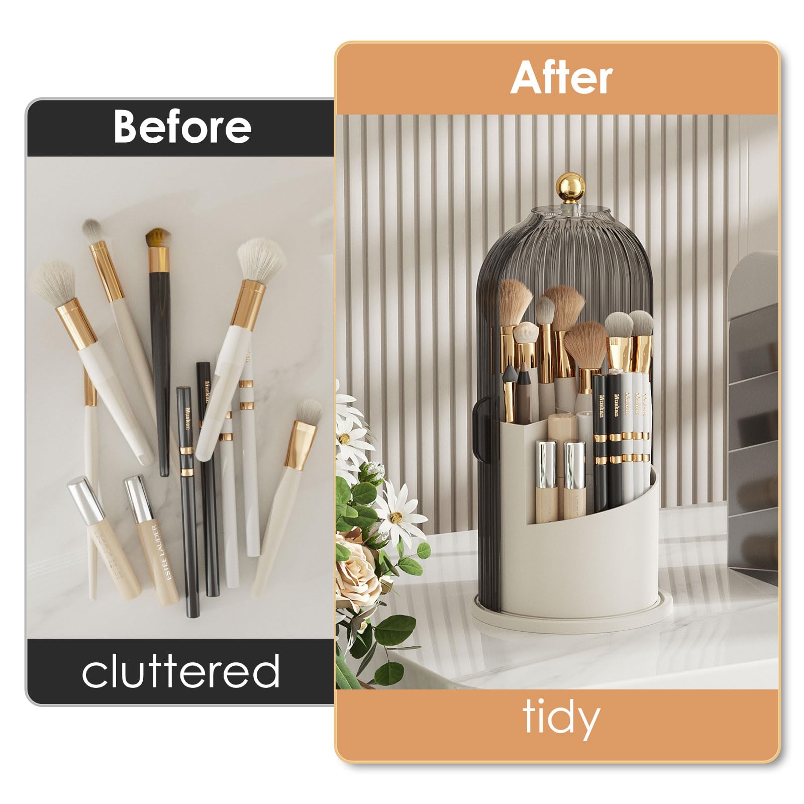 YOOLENS Makeup Brush Holder with Lid - 360° Rotating Clear Dustproof Organizer (Gray)