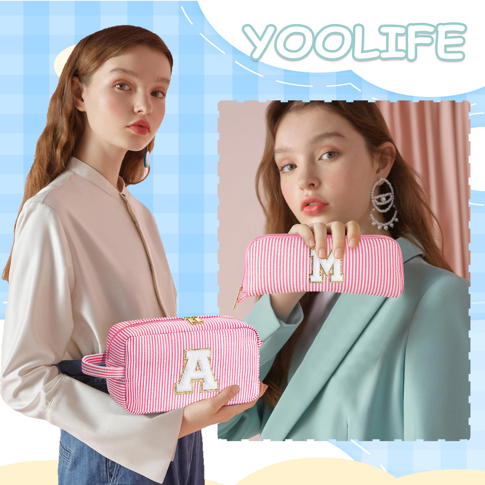 YOOLIFE Monogram Initial Blue Makeup Bag – 2-Pack Gift for Women, Personalized Letter C