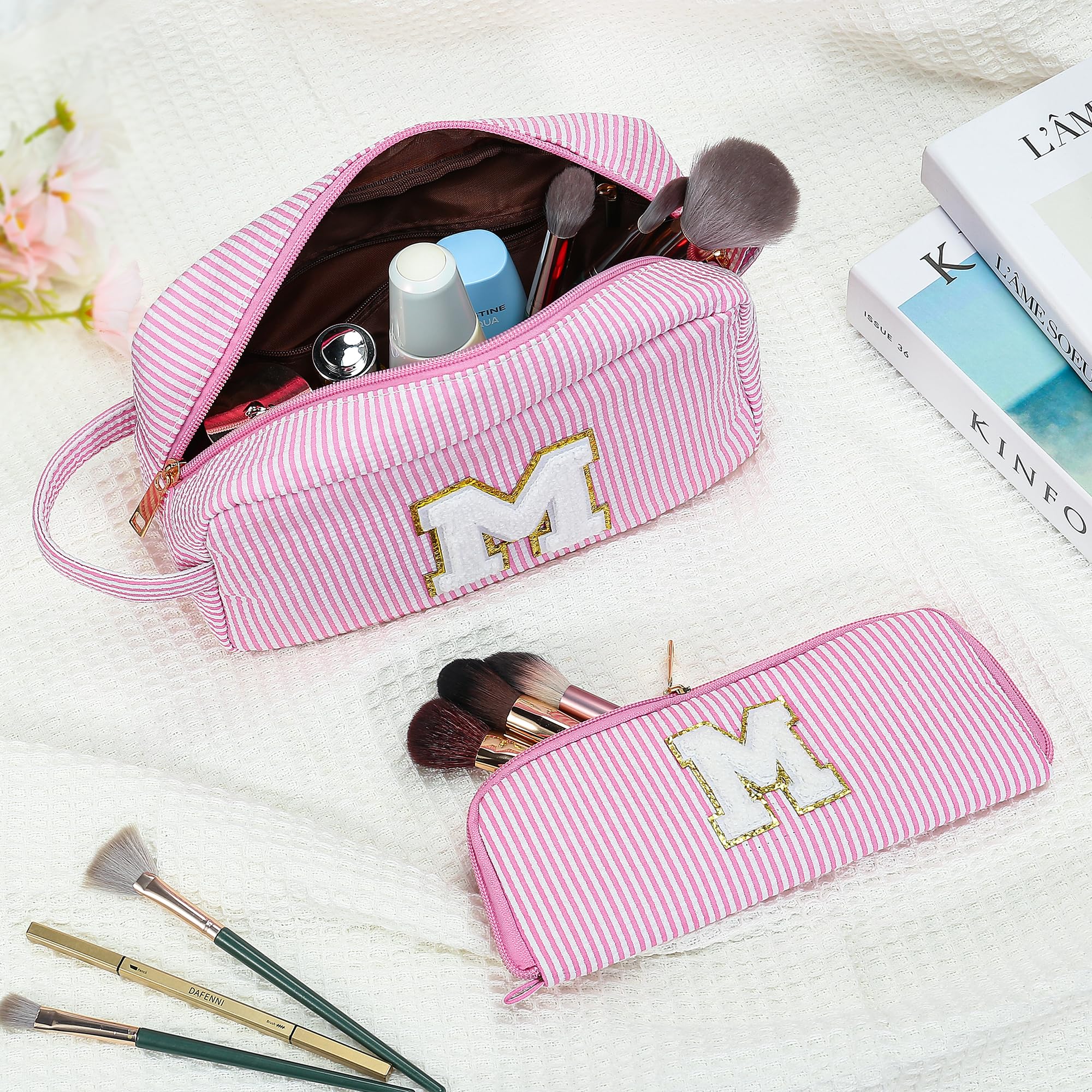 YOOLIFE Initial Travel Makeup Bag Set – 2-Pack Monogram Cosmetic Bags (Pink A) | Gift for Women, Teens & Moms