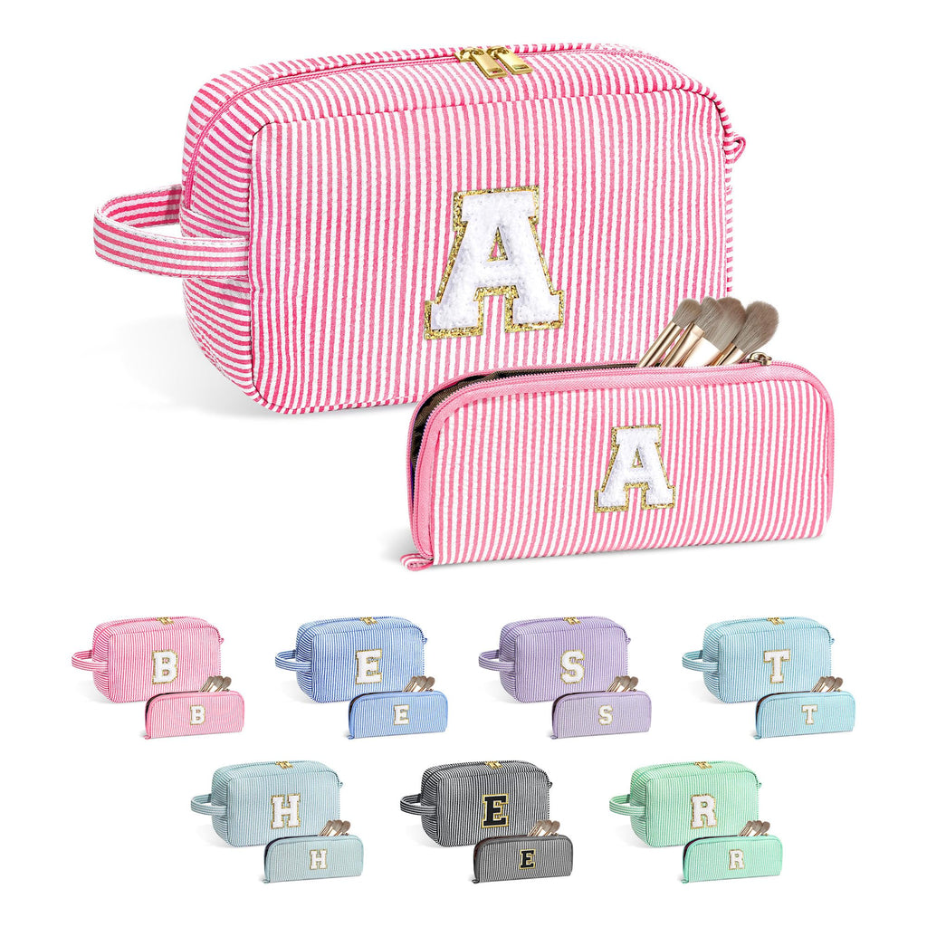 YOOLIFE Initial Travel Makeup Bag Set – 2-Pack Monogram Cosmetic Bags (Pink A) | Gift for Women, Teens & Moms