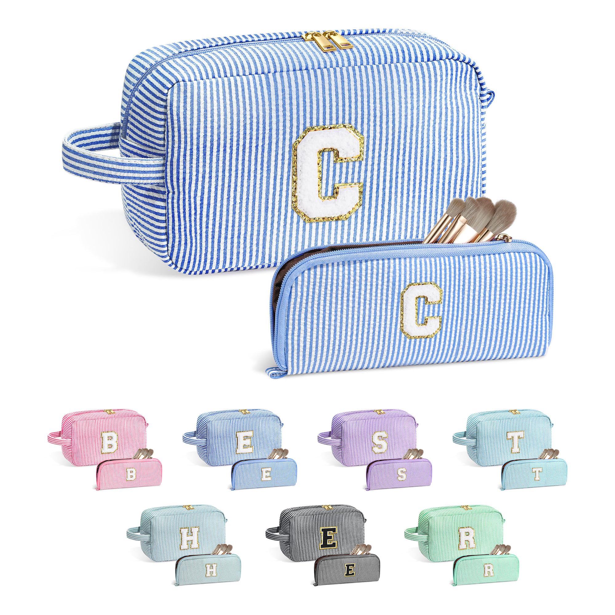 YOOLIFE Monogram Initial Blue Makeup Bag – 2-Pack Gift for Women, Personalized Letter C